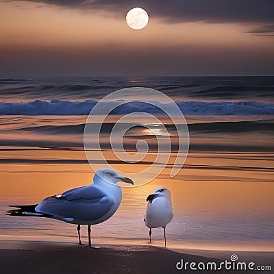 A pair of seagulls sharing a midnight kiss under the full moon on a beach4 Stock Photo