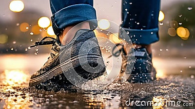 A pair of shoes confidently treading through a serene puddle, sending playful splashes into the air Stock Photo