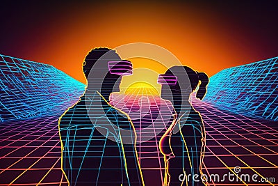 Pair of silhouettes of futuristic people in virtual reality glasses. Generative ai Stock Photo