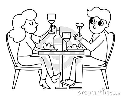 Pair sitting by the table, eating and drinking wine. Vector line illustration with French people. Woman and man having good time. Vector Illustration