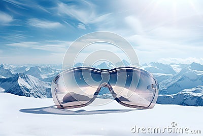 Ski Goggles with Alpine Reflection on Snowy Mountain Summit. Generative Ai Stock Photo