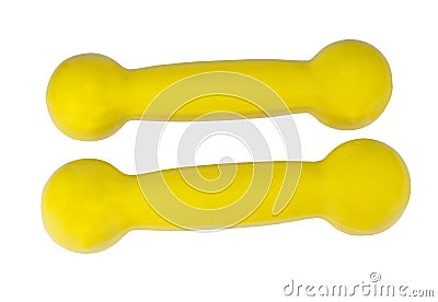 Pair small yellow dumbbells isolated on white Stock Photo