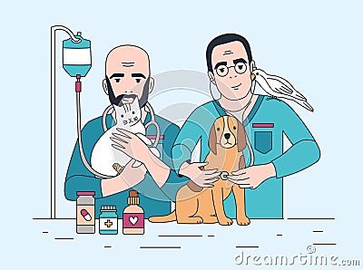 Pair of smiling veterinarians holding cat, dog and parrot. Happy vets with pets. Doctors working in veterinary clinic Vector Illustration