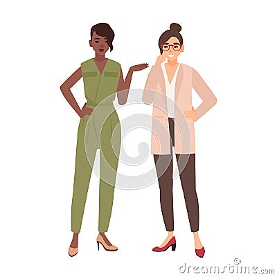 Pair of smiling women dressed in business clothes or female office workers talking to each other and laughing Vector Illustration