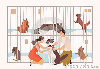 Pair of smiling young man and woman adopting pet from animal shelter, pound, rehabilitation or adoption center for stray Vector Illustration