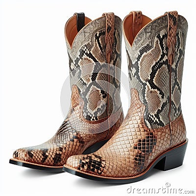 Pair of Snake Skin Cowboy Boots Isolated on White Stock Photo