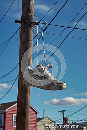 a pair of sneakers hanging on a power line Stock Photo