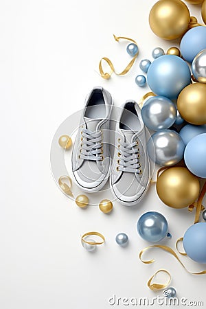 A pair of sneakers sitting on top of a bunch of balloons. Stock Photo