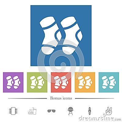 A pair of socks flat white icons in square backgrounds Vector Illustration