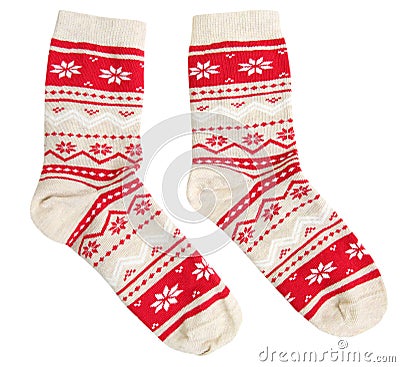 Pair socks winter holiday ornaments isolated. Stock Photo