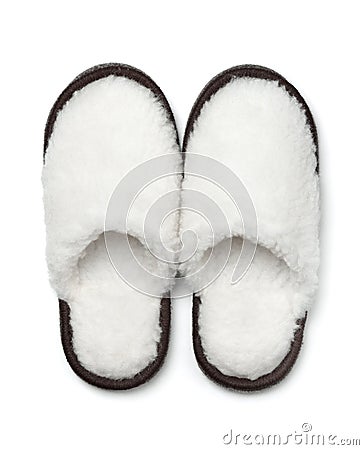 Pair of soft fur slippers isolated Stock Photo