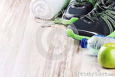 Pair of sport shoes and fitness accessories Stock Photo