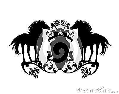 Standing horses with heraldic shield among rose flowers black vector design Vector Illustration