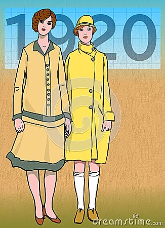 a pair of standing women posing in 1920s style clothes. illustration Cartoon Illustration