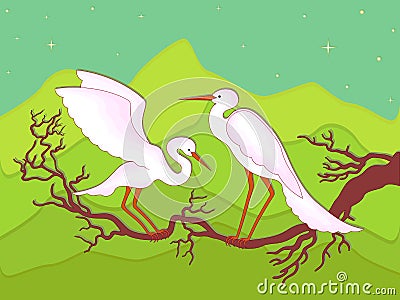 Pair of storks on a branch Vector Illustration