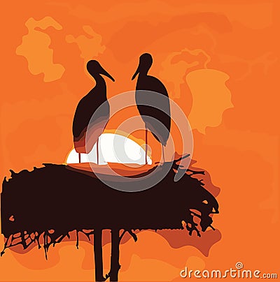 Pair of storks silhouettes in the nest on sunrise Vector Illustration