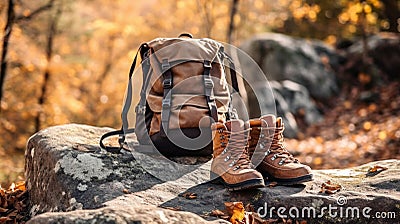 Hiking boots and backpack on a rock Stock Photo