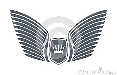 Pair of stylish decorative wings with shields and crown. Stock Photo