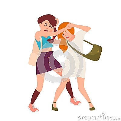 Pair of teenage girls fighting. Conflict between children, violent behavior among teenagers, school abuse. Cartoon Vector Illustration