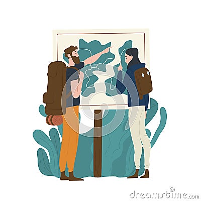 Pair of tourists standing in front of map and checking their route. Young man and woman hiking or backpacking in nature Vector Illustration