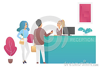 Pair of tourists travellers standing at reception desk and talking to woman receptionist. People guests at hotel lobby Vector Illustration