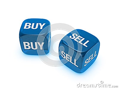 Pair of translucent blue dice with buy, sell sign Stock Photo