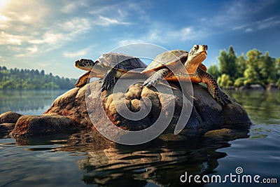 pair of turtles sunbathing on a rock Stock Photo