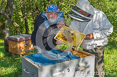 Pair of Ukrainian bee-keepers at work place Stock Photo