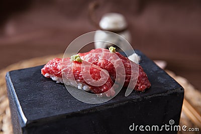 Pair of Wagyu Beef Sushi Stock Photo