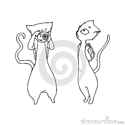 A pair of walking and photographing cats tourists. Vector Illustration