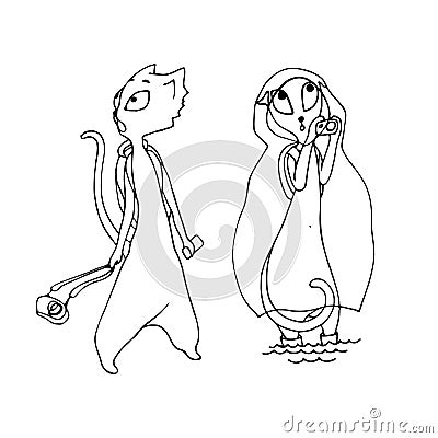 A pair of walking and photographing cats tourists. Vector Illustration