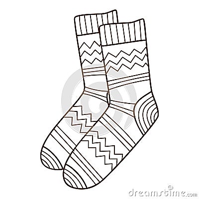 A pair of warm patterned socks. Autumn and winter clothing. Design element with outline. The theme of winter, autumn. Doodle, hand Vector Illustration