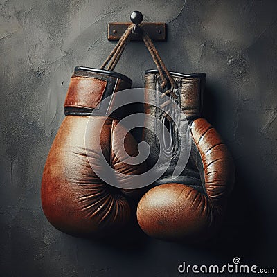 Old pair of boxing gloves, hanging against a distressed wall Stock Photo