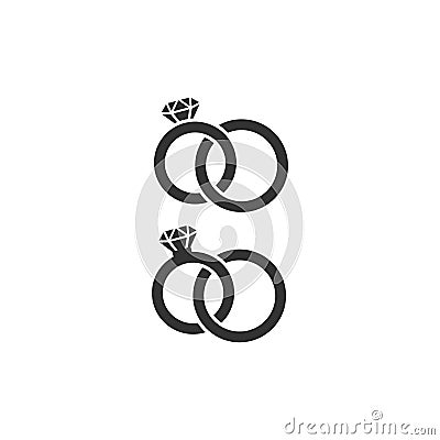 Pair of wedding rings icon. Diamond wedding rings black isolated icons. Vector Illustration