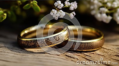 Pair wedding rings on wood with small flowers. Generative Ai Stock Photo