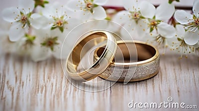 Pair wedding rings on wood with small flowers. Generative Ai Stock Photo