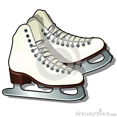 Pair of white ice skates isolated on white background. Equipment for winter sports. Sample of poster, party invitation Vector Illustration