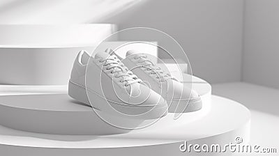 A pair of white sneakers on a circular platform, AI Stock Photo