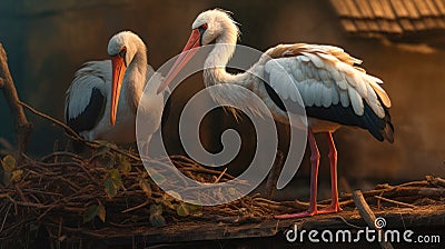 Pair of White Stork birds on a nest during the spring nesting period, Storks in the nest Stock Photo