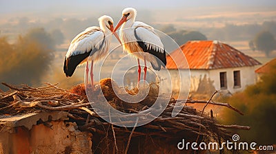 Pair of White Stork birds on a nest during the spring nesting period, Storks in the nest Stock Photo