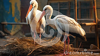 Pair of White Stork birds on a nest during the spring nesting period, Storks in the nest Stock Photo