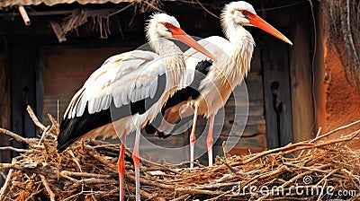 Pair of White Stork birds on a nest during the spring nesting period, Storks in the nest Stock Photo