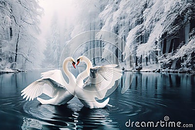 pair of white swans in dance of love on winter lake, their necks forming heart shape Stock Photo