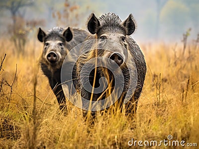 A pair of wild boars in the grassland of Jim Corbett Cartoon Illustration