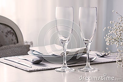 Pair of wine glasses, champagne flutes on the wedding table, Mockup Stock Photo