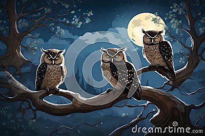 A pair of wise owls perched on an ancient tree branch, bathed in moonlight. Stock Photo