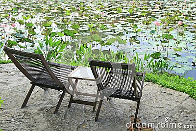 Pair of Wooden Chairs on Water Lilies Pondside Stock Photo