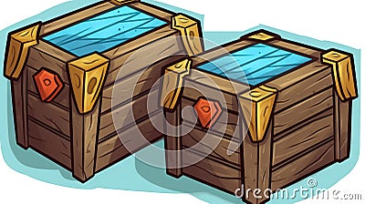 a pair of wooden chests sitting next to each other on a blue background Stock Photo