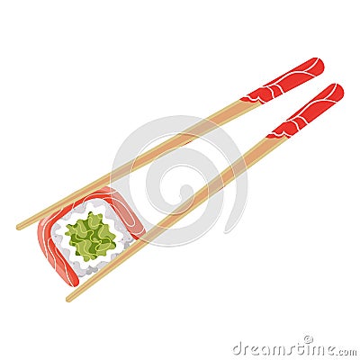 Pair of wooden chopsticks with sushi or roll. Asian cuisine. Food illustration Vector Illustration