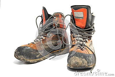 A pair worn hiking boots Stock Photo
